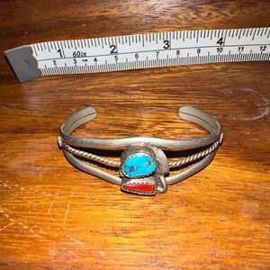Native Made Vintage turquoise & red coral Baby Cuff